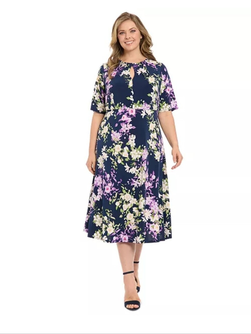 London Times Woman NWT Navy Floral Midi Dress Plus Size 18W Keyhole